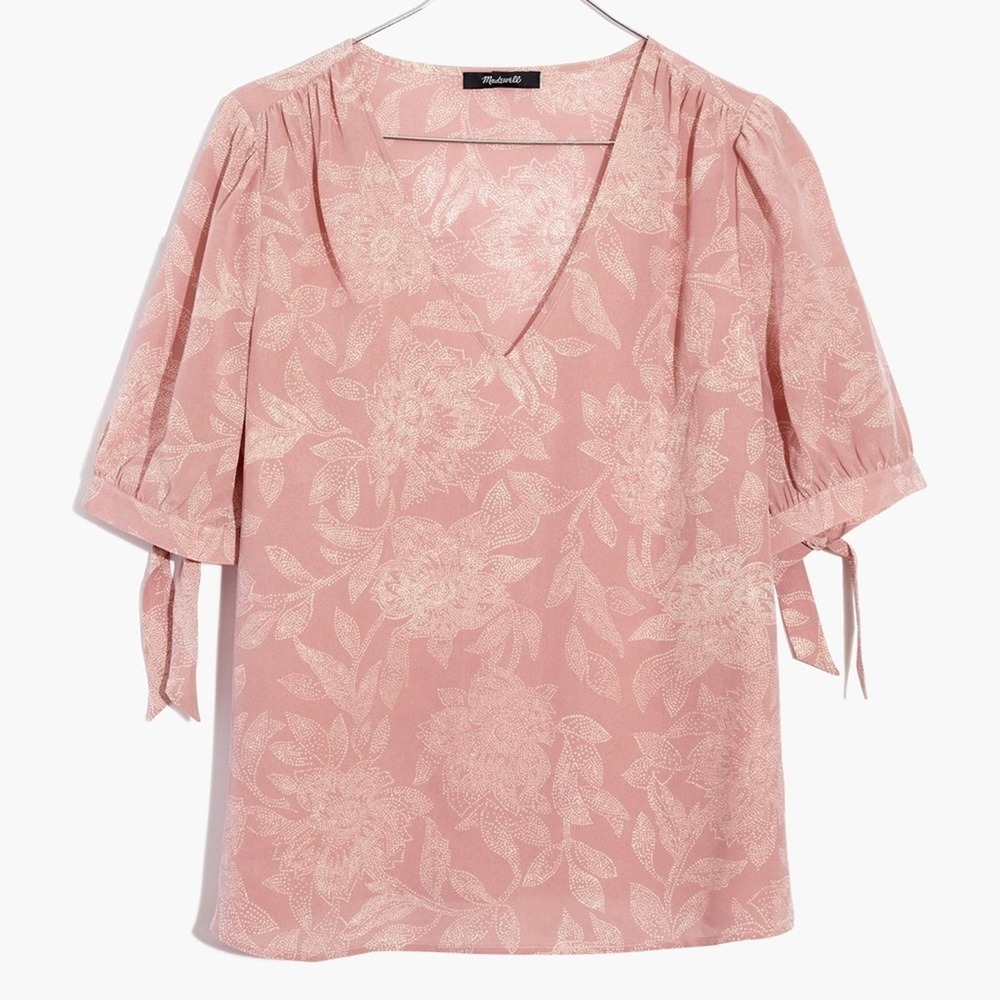 Madewell Silk V-Neck Tie-Short Sleeve Top in Pindot Blooms Size Small $110